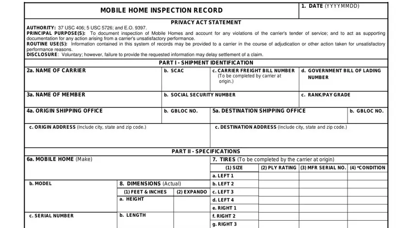 Part 1 of DD Form 1800 mobile home inspection record