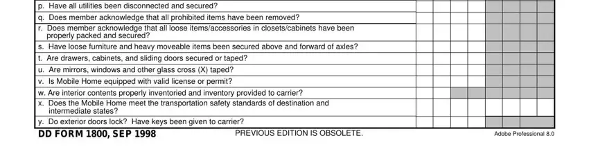 Utilities and member acknowledgment section of DD Form 1800