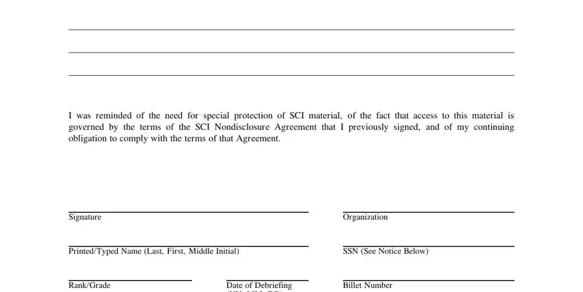 Individual information section of the SCI debriefing memorandum showing name, SSN, and rank fields