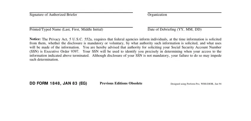 Authorized briefer signature, organization, and printed name fields on the SCI debriefing form