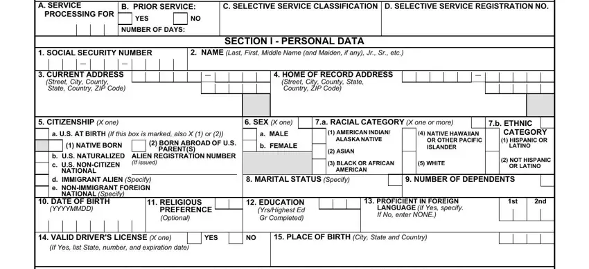Completing the personal data section of the military processing form