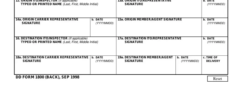 Signature sections for inspectors and carrier in DD Form 1800