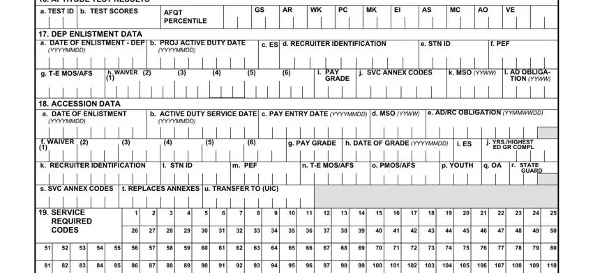 Filling out the aptitude test and enlistment data sections