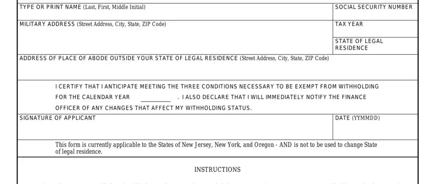 Filling out section 1 of the State Income Tax Exemption Test Certificate — name, SSN, pay grade, and legal residence address