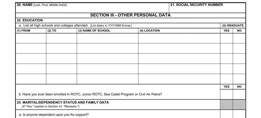 Entering education history and personal data in the processing form