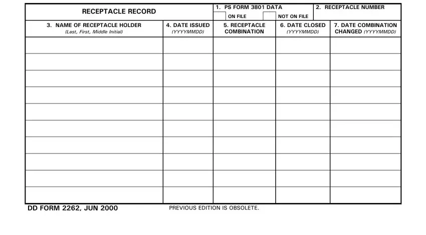 How to fill out the receptacle record fields - DD Form 2262 step 1 with holder and issuance data