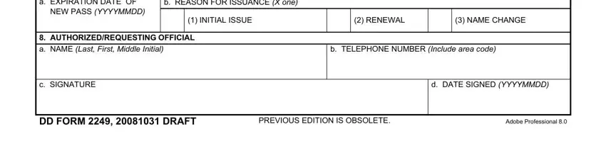 INITIAL ISSUE, Adobe Professional, and NAME CHANGE inside form 2249 dod