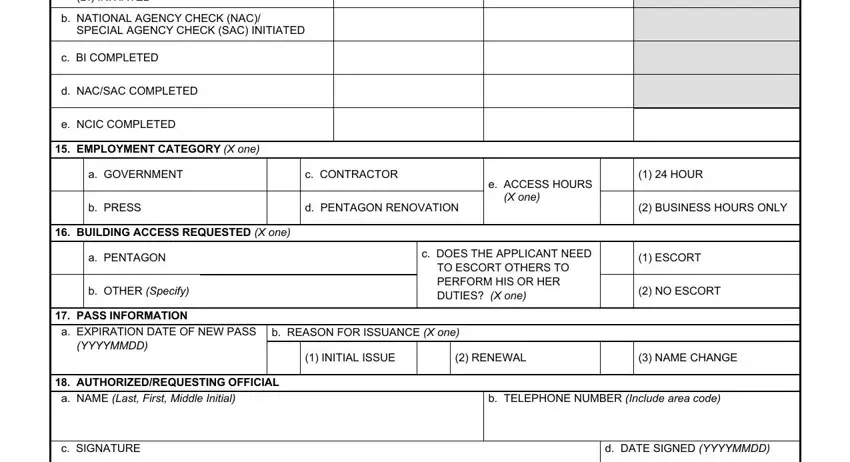 e NCIC COMPLETED, b PRESS, and d PENTAGON RENOVATION of form 2249 dod
