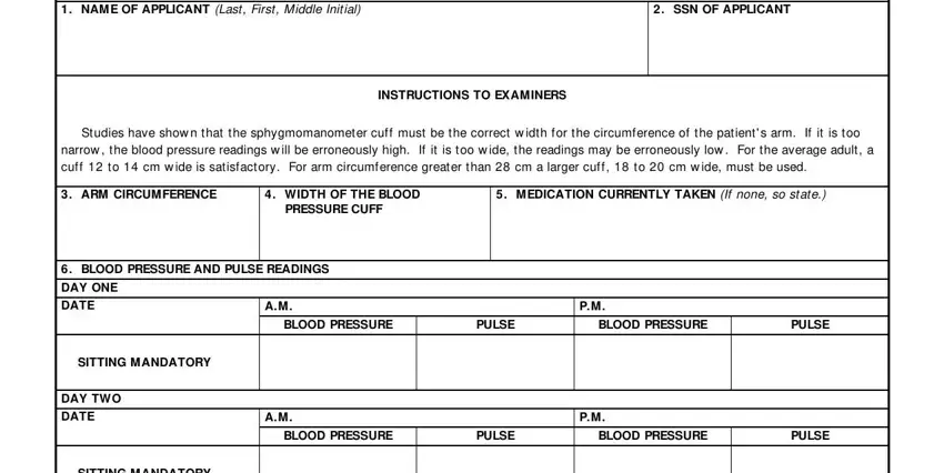 Blood pressure and pulse reading fields on the DODMERB check form