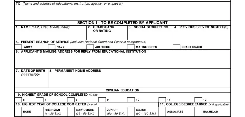 Entering highest grade of school, present branch of service, and Army, Navy, Air Force, Marine Corps, or Coast Guard selection in DD Form 295