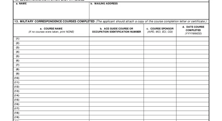 Filling in Section II of DD Form 295 with correspondence course names, ACE guide numbers, course sponsors, dates, and occupation identification numbers