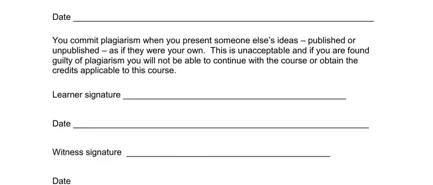 Date, witness signature, and learner signature fields in the authenticity statement