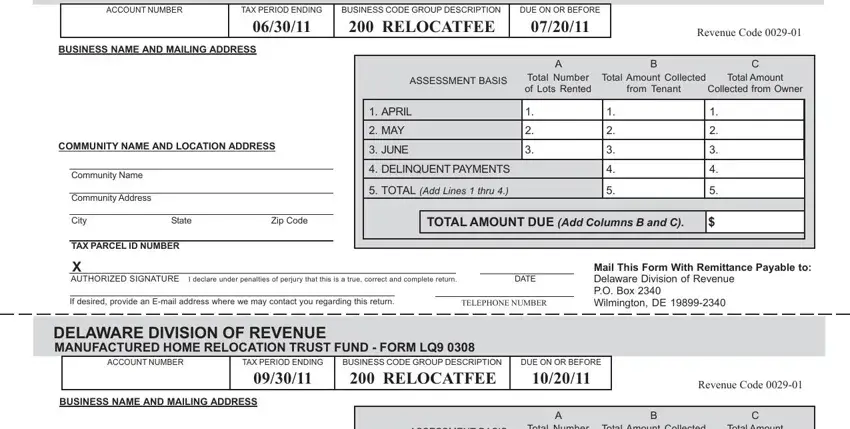 COMMUNITY NAME AND LOCATION ADDRESS, BUSINESS NAME AND MAILING ADDRESS, and Community Address in Delaware Form Lq9