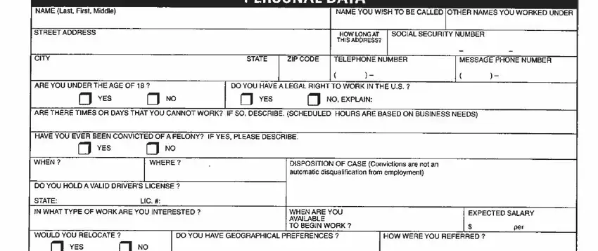 Personal information fields in the Del Taco employment form including name, address, and phone number
