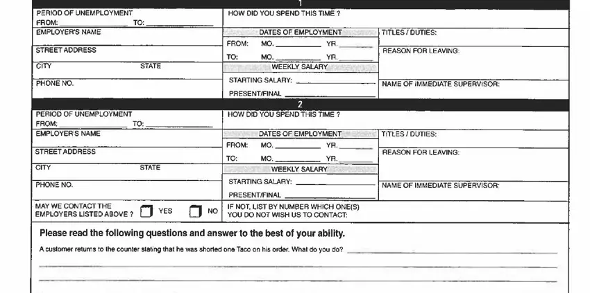 Employment history section of the Del Taco job form with fields for previous employers and job titles