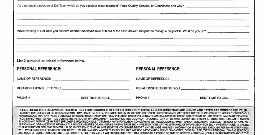 Education and personal references section in the Del Taco job application PDF with fields for school and reference contacts