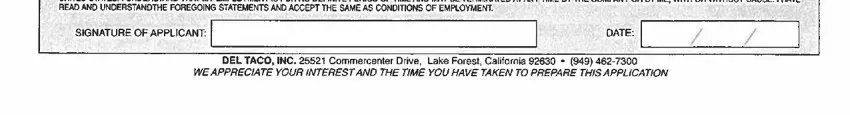 Desired position and minimum pay rate fields at the end of the Del Taco printable employment form