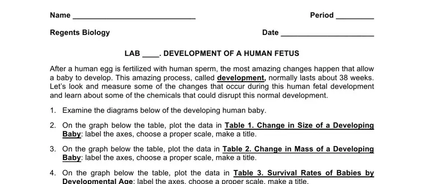 Biology worksheet showing the size measurement table for fetal development by gestational week