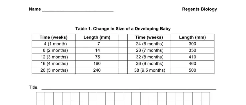 Fetal size data table showing length measurements in millimeters from week 4 through week 38