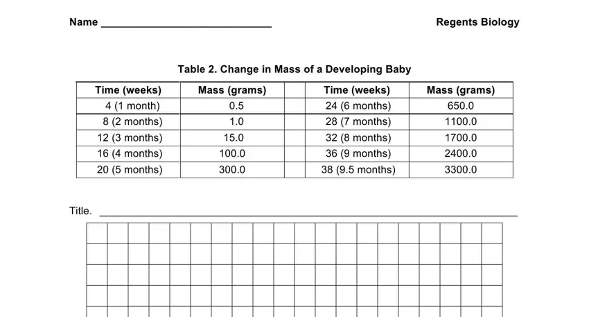 Fetal mass data table showing weight in grams across gestational weeks 8 through 38