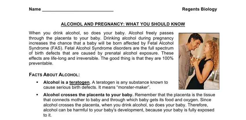 Alcohol and pregnancy section of the worksheet covering teratogen effects on the developing fetus