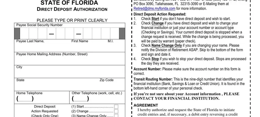 Part no. 1 for filling out florida direct deposit