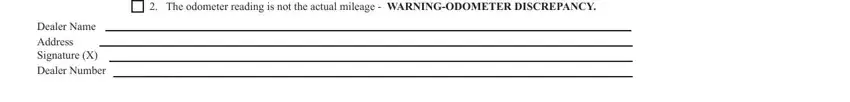 Mileage stated is in excess of, Dealer Name Address Signature X, and Mileage stated is in excess of inside GVW
