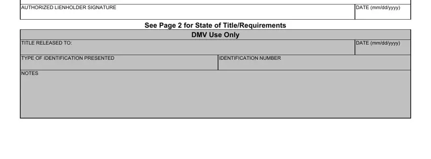 DMV Use Only, IDENTIFICATION NUMBER, and TITLE RELEASED TO inside MV