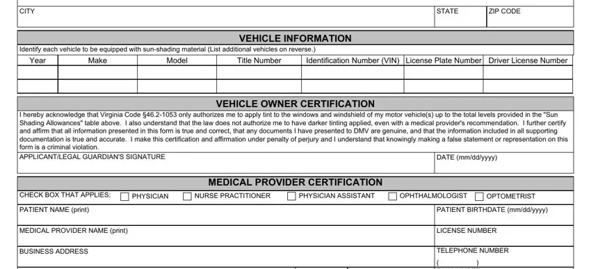 Step no. 2 in submitting virginia dmv sun shading form