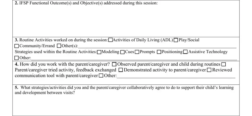 IFSP Functional Outcomes and, Routine Activities worked on, and What strategiesactivities did you in nyc early intervention session note