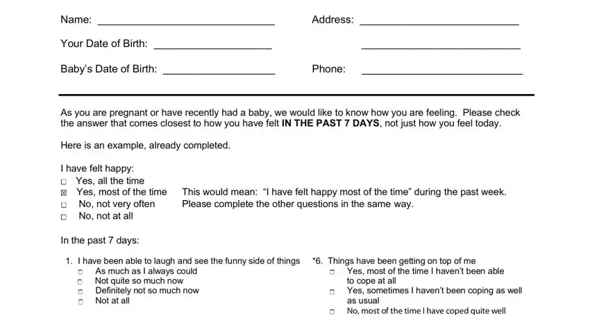 Stage # 1 of completing edinburgh postnatal depression scale pdf with scores