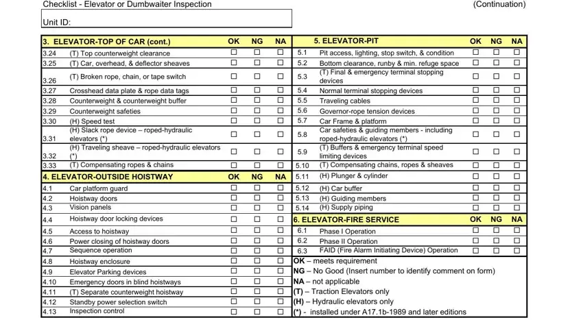 OK NG NA cid cid Pit access, Continuation, and ELEVATORPIT of Elevator Inspection Checklist Form