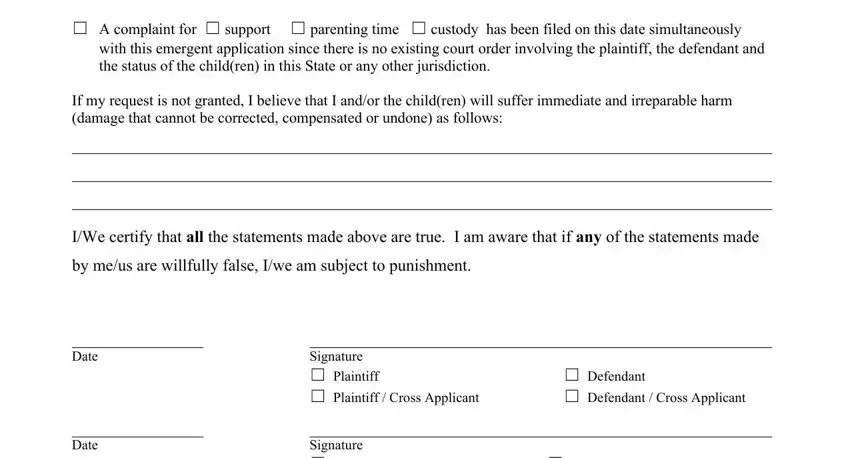 Signature  CoPlaintiff, Date, and CoDefendant of emergent hearing