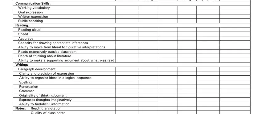Below average, Quality of class notes, and Communication Skills Working of 2nd grade english evaluation test