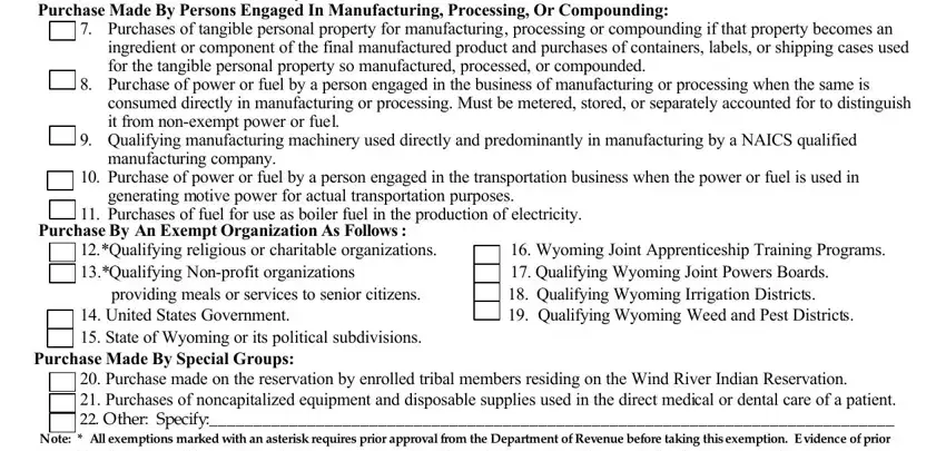 Purchase Made By Persons Engaged, ingredient or component of the, and Purchases of fuel for use as of wyoming sales tax exemption certificate