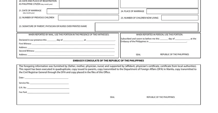 DATE OF MARRIAGE, SIGNATURE OF PARENT PHYSICIAN OR, and Subscribed and sworn to before me in form fa