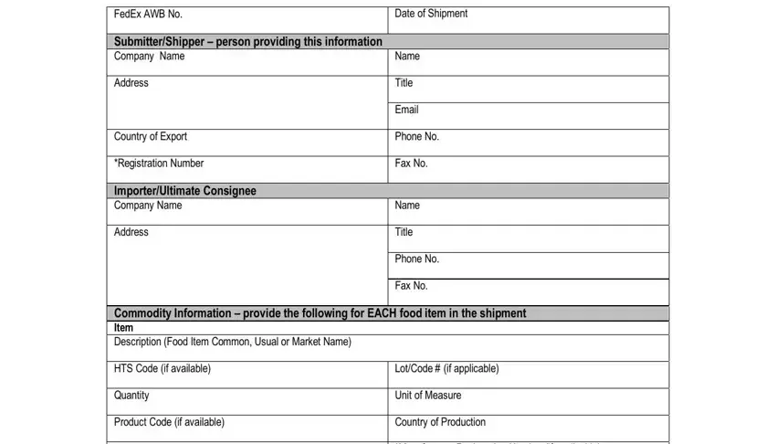 Step number 1 for filling out prior notice submission