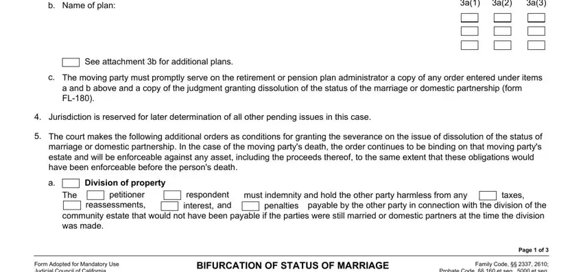 Division of property, Name of plan, and See attachment b for additional in court form fl 374