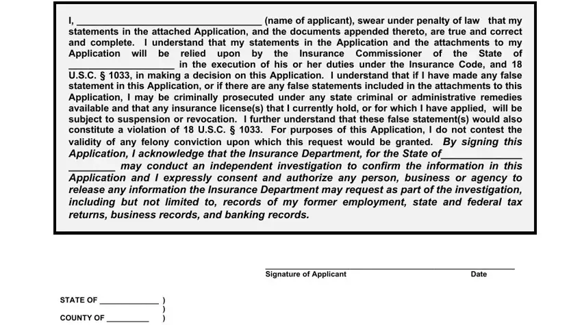 the, COUNTY OF, and Signature of Applicant inside naic written
