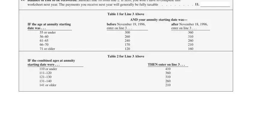 Balance of cost to be recovered, IF the combined ages at annuity, and after November   enter on line of irs worksheet a simplified method for 2015