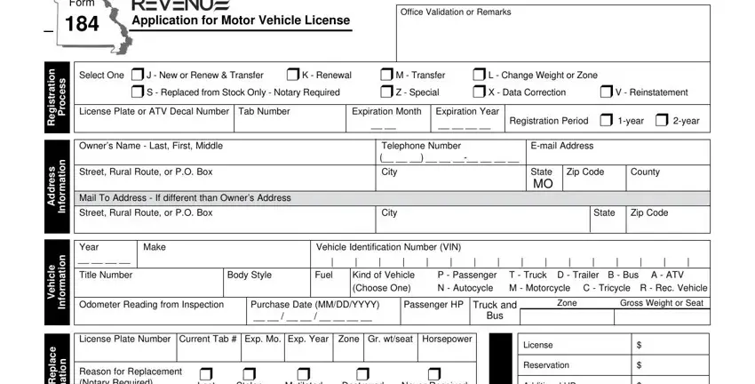 Stage number 1 in submitting missouri form motor vehicle
