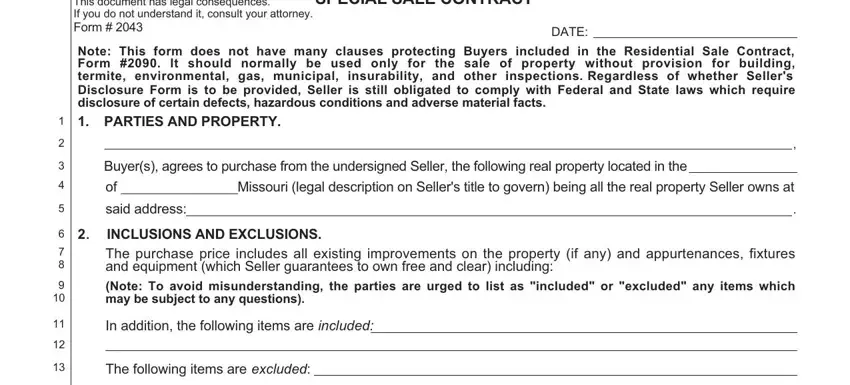 Part no. 1 for filling out special sale contract form 2043