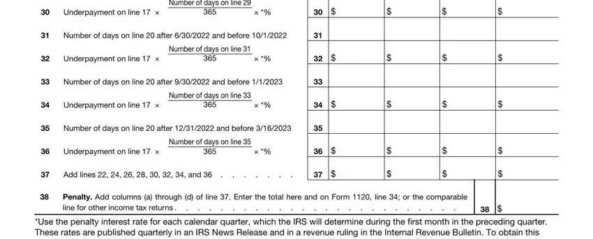 Number of days on line, Number of days on line  after  and, and Underpayment on line in Form 2220
