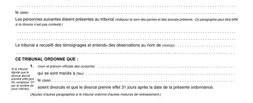 CE TRIBUNAL ORDONNE QUE, le date, and Si le tribunal décide que le in form 25a divorce