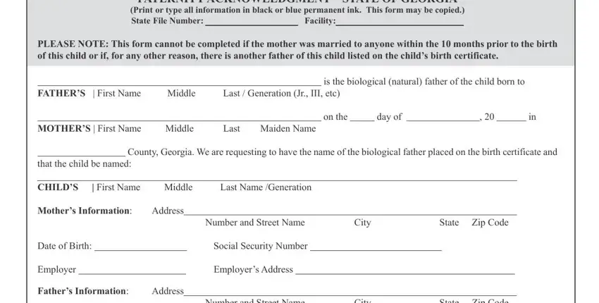 Stage no. 1 for completing paternity acknowledgement form ga