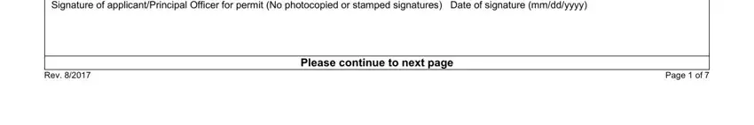 Page  of, Please continue to next page, and Signature of applicantPrincipal of permit wildlife d