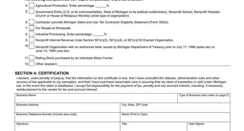 Filling in segment 2 in sales tax exempt form michigan