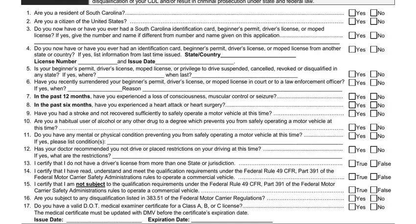 Filling in part 4 of south carolina application commercial driver