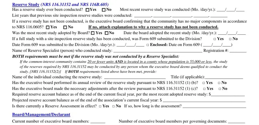 Current number of executive board, If the commoninterest community, and BoardManagementDeclarant in Form 562
