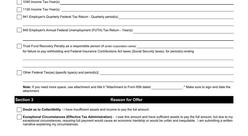 for failure to pay withholding and, Other Federal Taxes specify types, and Reason for Offer in yyyy